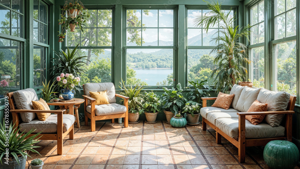 Fototapeta premium Elegant sunroom conservatory with wooden furniture, lush greenery, and panoramic water views. Perfect for luxury real estate, interior design, and lifestyle marketing campaigns.