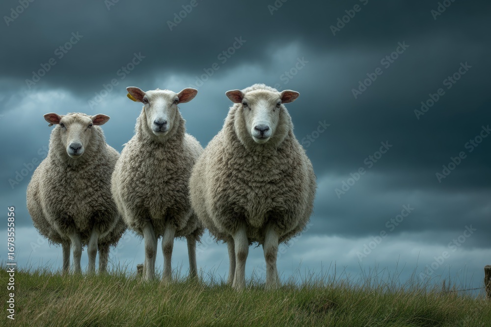 Fototapeta premium Three sheep stand facing forward on a grassy hill against a stormy sky