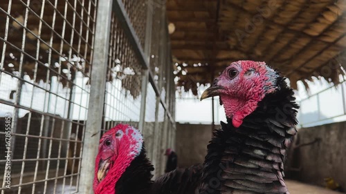 Close up of two turkeys in a barn, standing still but looking around and calmly moving his head .
