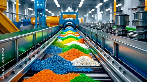 Industrial conveyor belt transporting colorful plastic granules in modern factory production and recycling facility