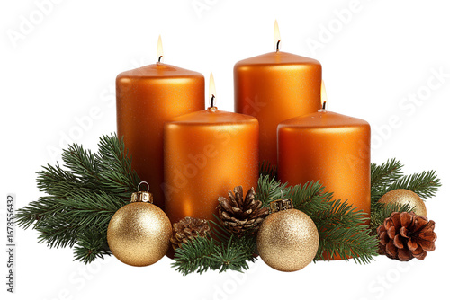 Advent Wreath with Copper Candles and Pine Accents isolated on a transparent background