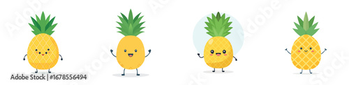 Pineapple vector set of cute cartoon-style characters with arms, legs, and expressive faces.