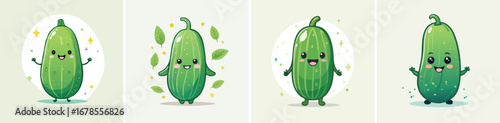 Cucumber vector set of cute cartoon-style characters with arms, legs, and expressive faces.