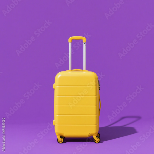 Yellow Suitcase with Telescopic Handle on Solid Purple Background