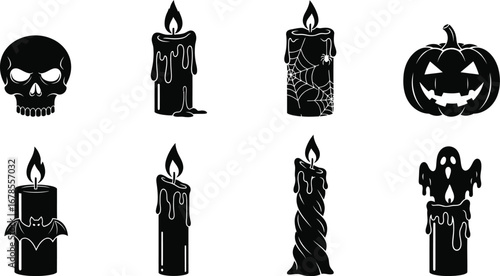 Set of halloween candles with skull and pumpkin for spooky and scary decorations during the holiday season