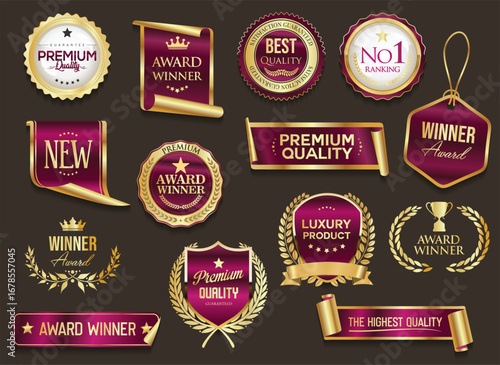 Top rated award winner gold and pink badge and emblem collection stock illustration
