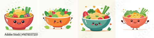 Veggie Stir Fry vector set of cute cartoon-style characters with arms, legs, and expressive faces.