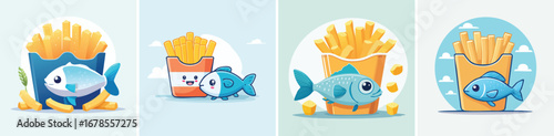 Fish and Chips vector set of cute cartoon-style characters with arms, legs, and expressive faces.