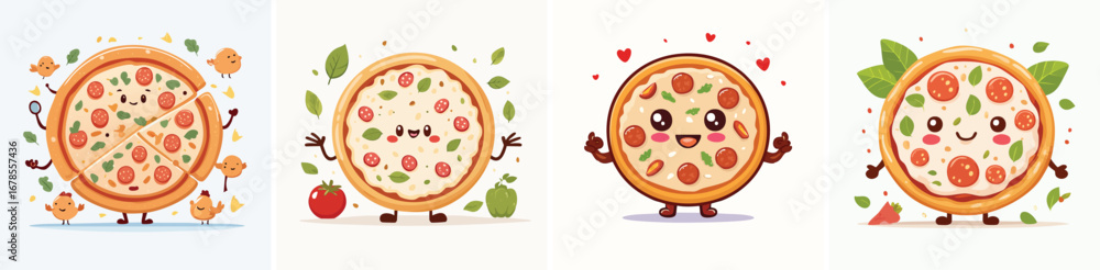 Naklejka premium BBQ Chicken Pizza vector set of cute cartoon-style characters with arms, legs, and expressive faces.