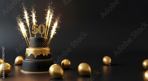 Festive Three-tiered Birthday Cake with Golden Fifty Topper and Sparkling Firework Candles