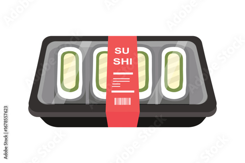 Sushi takeout tray illustration. Japanese sushi. Ready to eat sushi. Tuna sushi. Takeaway box. Food packaging.
