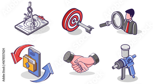Flat isometric concept illustration. business creative icon set bundle