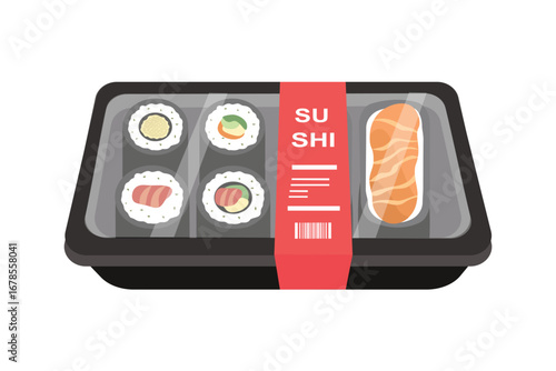 Sushi takeout tray. Set of sushi in the takeaway box. Delivery sushi packaging. Frozen food packaging. Sushi roll and sashimi. 