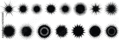 Collection of black spiky circular graphic elements on a white background.