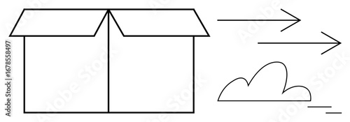 Open box with arrows symbolizing motion and cloud suggesting speed, efficiency, and delivery. Ideal for logistics, shipping, e-commerce, innovation, simplicity minimalism and fast service. A simple