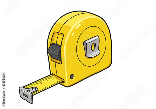 Bright yellow tape measure with extended metal end, ready for accurate measurements and construction projects
