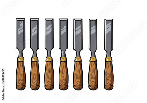Craftsmanship essentials seven sharp chisels with wooden handles ready for woodworking projects