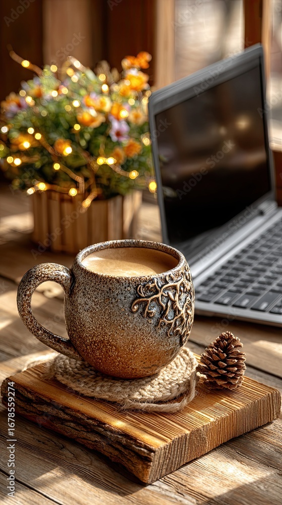 Fototapeta premium Cozy coffee cup beside laptop and flowers.