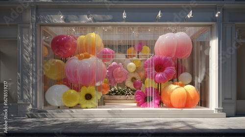 Colorful, oversized flowers & fruits adorn a storefront window display