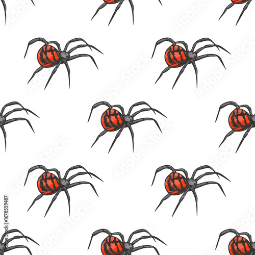 Hand drawn vintage seamless halloween pattern with creepy red black spider illustration isolated vector engraving scary design