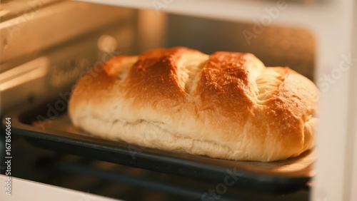 A tempting - looking loaf of bread is baking in the oven, emitting the aroma of baking.
