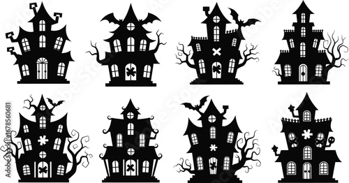 Collection of spooky haunted house silhouettes for halloween decorations, invitations, cards, posters, and other designs