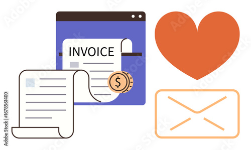 Invoice forms with a dollar coin, envelope representing messages, and heart symbol combining finance, communication, customer service, marketing, online transactions, financial transparency