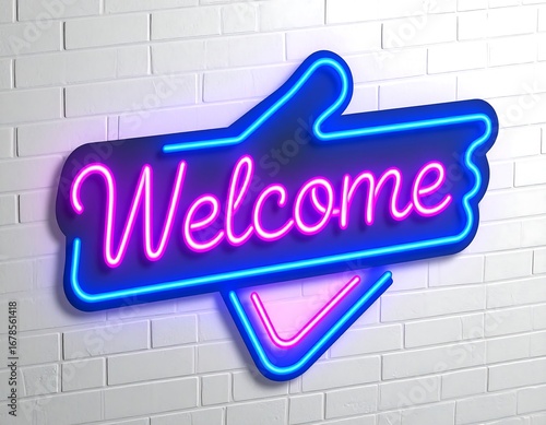 Neon welcome sign on brick wall