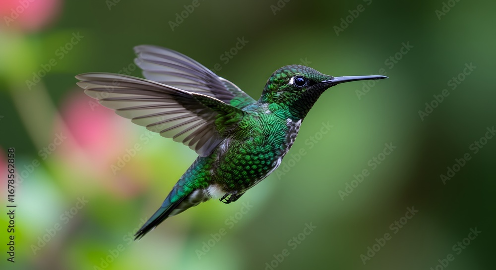 Fototapeta premium Hummingbird in flight against natural background