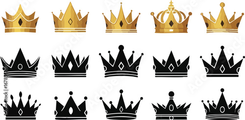 Collection of ten crowns in gold and black silhouette styles, arranged in two rows on a white background.