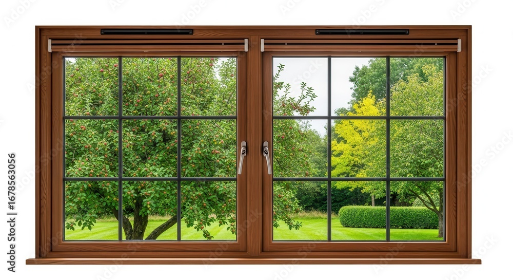 Fototapeta premium Isolated Residential Brown Wooden Window Frame with View of Green Summer Garden