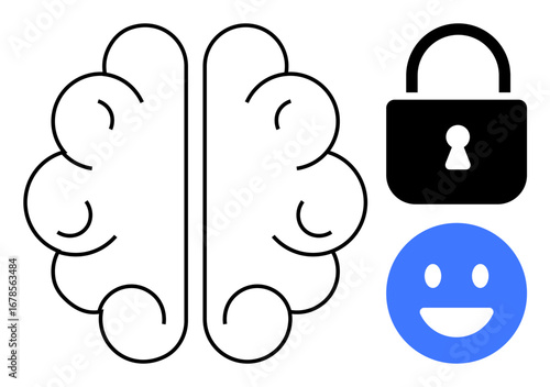 Black outline of a human brain, black padlock indicating protection, and blue happy face evoking happiness. Ideal for mental health, cybersecurity, positivity, innovation, trust, emotional
