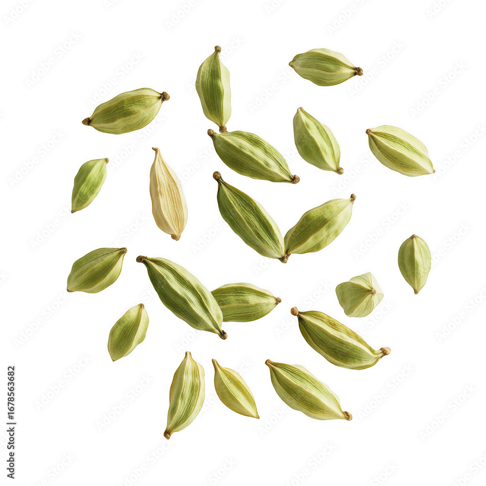 Naklejka premium Green cardamom pods scattered on black background spice food ingredient flavor aroma culinary