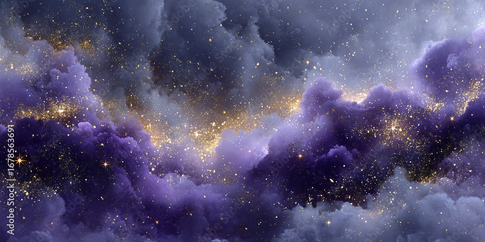 Fototapeta premium Celestial clouds, a breathtaking vista of swirling, ethereal masses. Golden lights scattered throughout the misty expanse, creating a sense of wonder