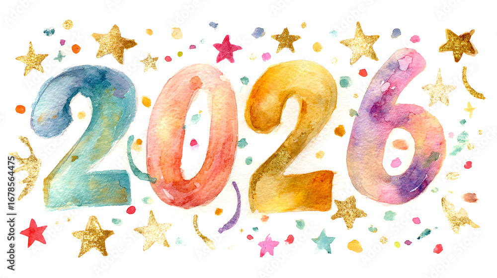 Fototapeta premium hand painted watercolor 2026 numbers in soft pastel tones with festive stars and playful new year card