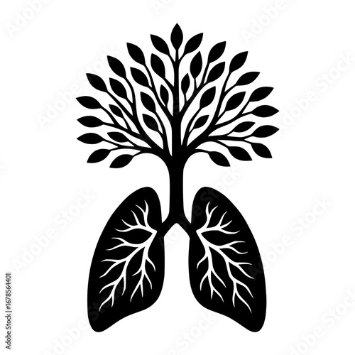 Black vector illustration of a tree with lung roots