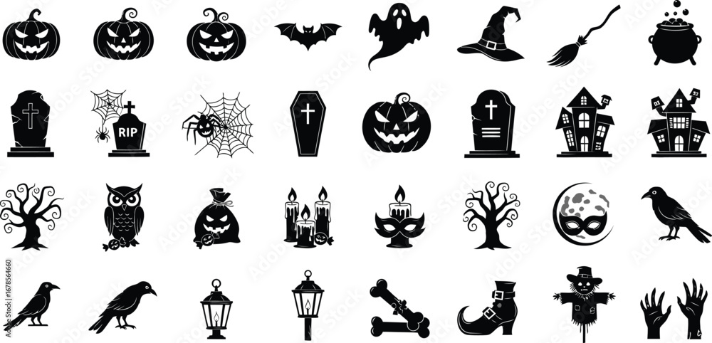 Fototapeta premium Halloween icon set featuring spooky silhouettes of pumpkins, ghosts, bats, witches, cauldrons, graves, spiders, and more