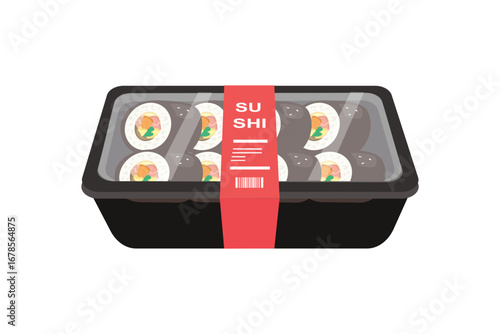 Set of sushi in the takeaway box. Delivery sushi packaging. Sushi rolls. Sushi maki.