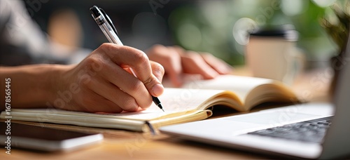 Close-up of hands writing in a notebook, with a laptop in the background