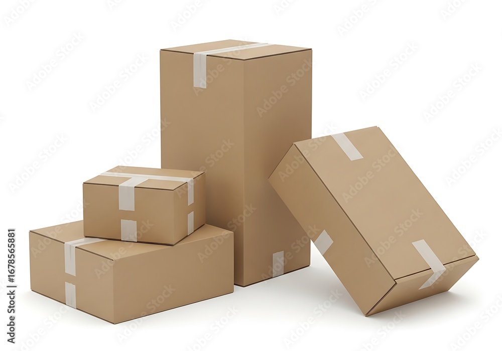 Fototapeta premium Stacked Cardboard Boxes with White Tape, Studio Shot