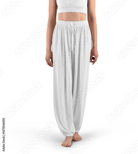 Mockup of white wide pants for yoga, on a woman, front view, png