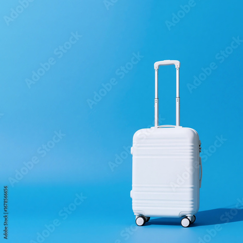 White Suitcase with Telescopic Handle on Solid Blue Background