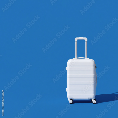 White Suitcase with Telescopic Handle on Solid Blue Background