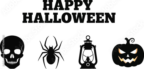 Halloween icons with skull, spider, lantern and tombstone for spooky designs and holiday celebrations