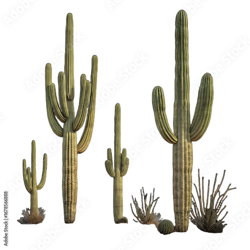 Cacti individual saguaro cactus isolated on transparent png background 4 pack image desert plant spiny succulent arid environment green flora botanical illustration natural habitat png