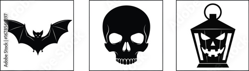 Halloween icons set featuring a bat, skull, and lantern for spooky designs and holiday themed projects