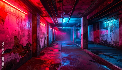 Neon-lit underground tunnel