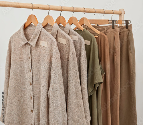 Close-up of neutral-toned hemp fashion on a wooden rack: beige hemp shirts, olive dresses, and tan pants. Natural textures, earthy tones