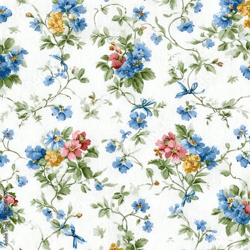 Seamless watercolor pattern of small floral and ribbon motifs on white background, featuring colorful flowers, blue bows, green leaves and vines, delicate antique English cottage garden style