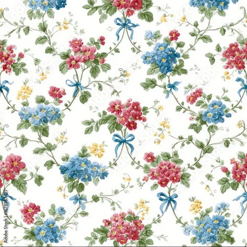 Seamless watercolor pattern of small floral and ribbon motifs on white background, featuring colorful flowers, blue bows, green leaves and vines, delicate antique English cottage garden style